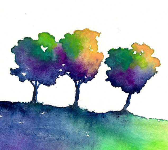 Watercolor Painting - Rainbow Tree Trio - Modern Contemporary Art Print Brazen Design Studio Midnight Blue
