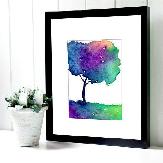 Watercolor Painting - Rainbow Hue Tree Modern Art Print Brazen Design Studio Dark Slate Blue