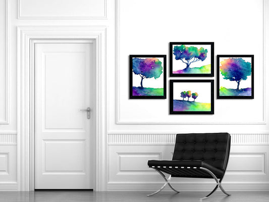 Watercolor Painting - Rainbow Tree Trio - Modern Contemporary Art Print Brazen Design Studio Dark Slate Blue