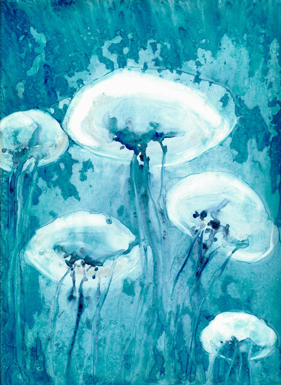Jellyfish Art - Watercolor Painting - Teal Blue Contemporary Sea Creature Art Print Brazen Design Studio Sky Blue