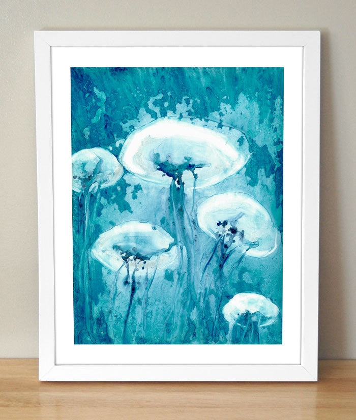 Jellyfish Art - Watercolor Painting - Teal Blue Contemporary Sea Creature Art Print Brazen Design Studio Cadet Blue