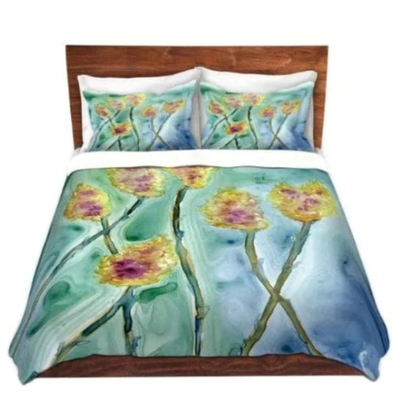 Floral Duvet Cover - Yellow Thistle Nature Modern Bedding - Twin Queen or King Size Duvet or Comforter Brazen Design Studio Dark Sea Green