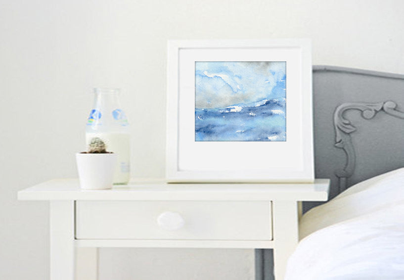 Watercolor Painting - Tempest Ocean Wave - Blue Seascape Art Print Brazen Design Studio Light Steel Blue