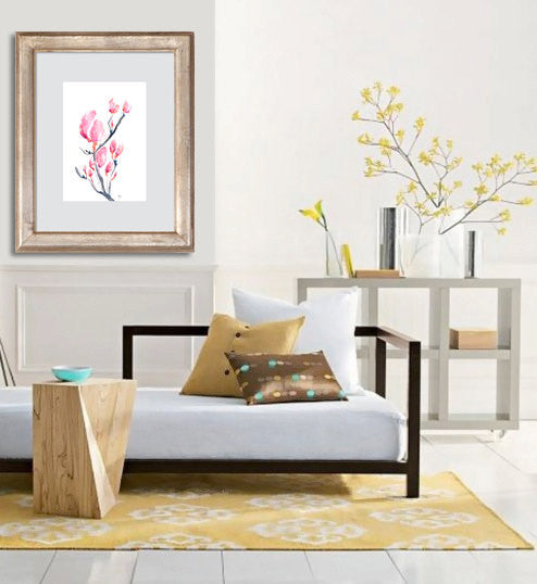 Watercolor Painting - Japanese Magnolia Floral Sumi-e Art Print Brazen Design Studio Beige