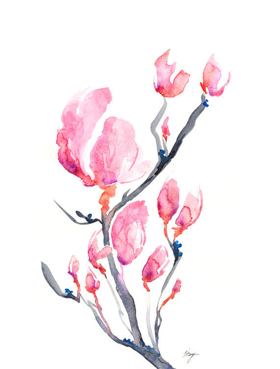Watercolor Painting - Japanese Magnolia Floral Sumi-e Art Print Brazen Design Studio Light Pink