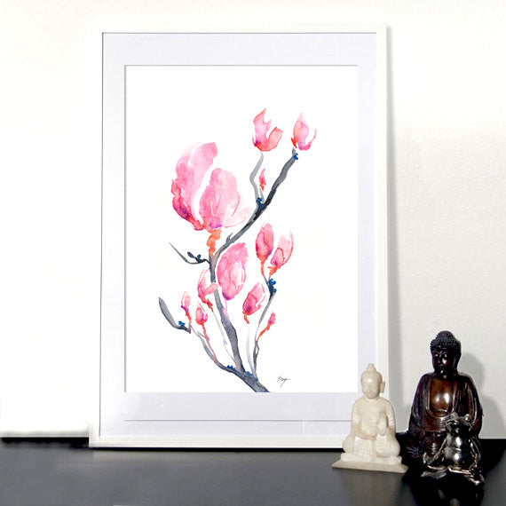 Watercolor Painting - Japanese Magnolia Floral Sumi-e Art Print Brazen Design Studio Light Pink