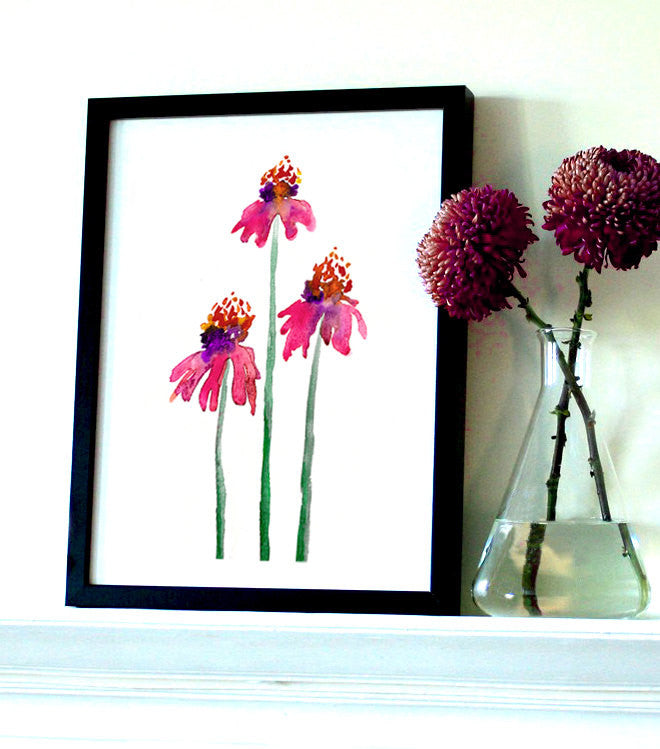 Echinacea Floral Watercolor Painting - Pink Orange Coneflowers Art Print Brazen Design Studio Violet Red