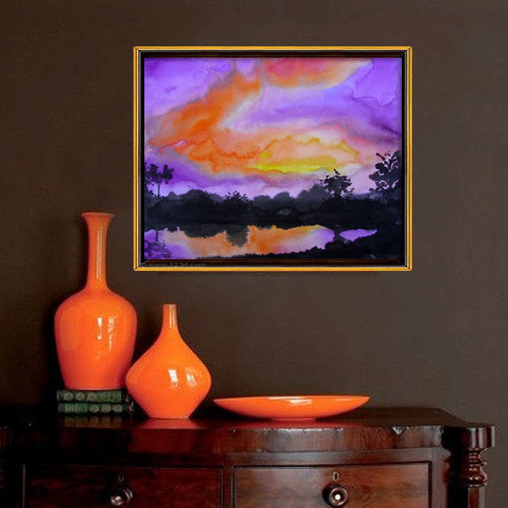 Watercolor Painting - Vibrant Sunset Dramatic Sky Sumi-e Art Print Brazen Design Studio Chocolate