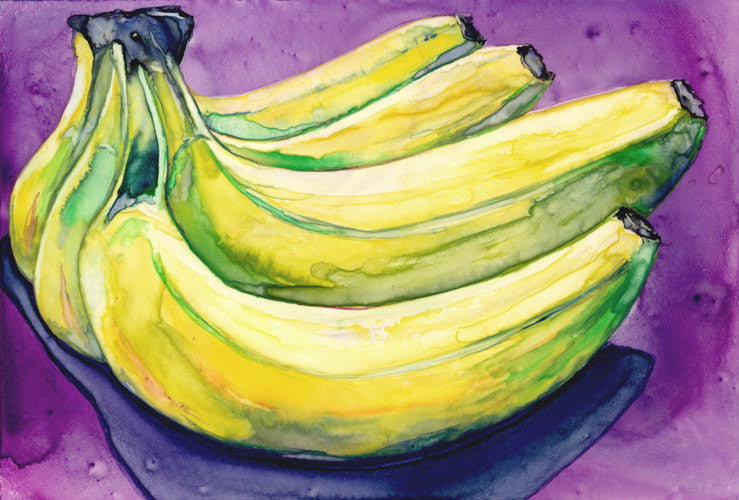 Still Life Watercolour Painting - Banana Bunch - Still Life Fruit Food Art Print Brazen Design Studio Khaki