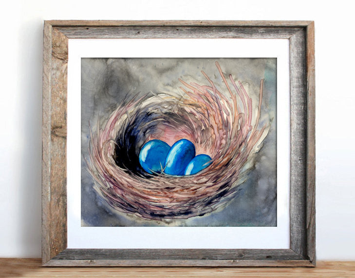 Bird Nest Watercolor Painting - Blue Robin Eggs Nature Art Print Brazen Design Studio Dark Cyan