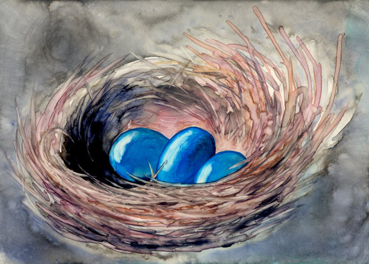 Bird Nest Watercolor Painting - Blue Robin Eggs Nature Art Print Brazen Design Studio Dark Cyan