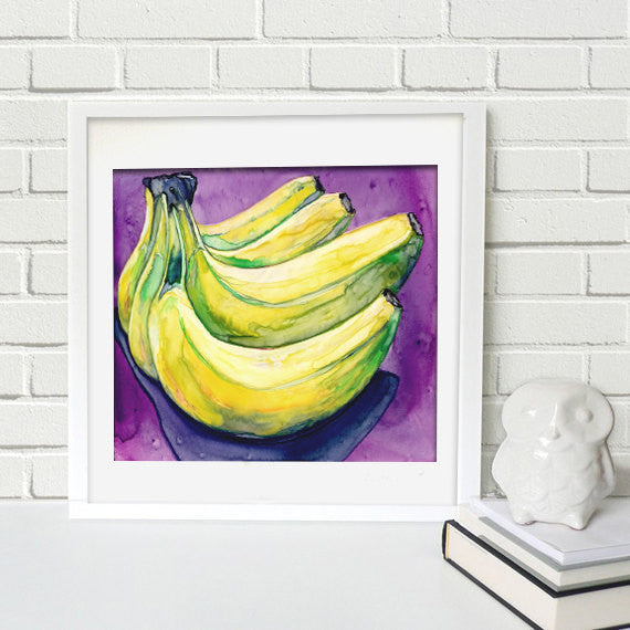 Still Life Watercolour Painting - Banana Bunch - Still Life Fruit Food Art Print Brazen Design Studio Khaki