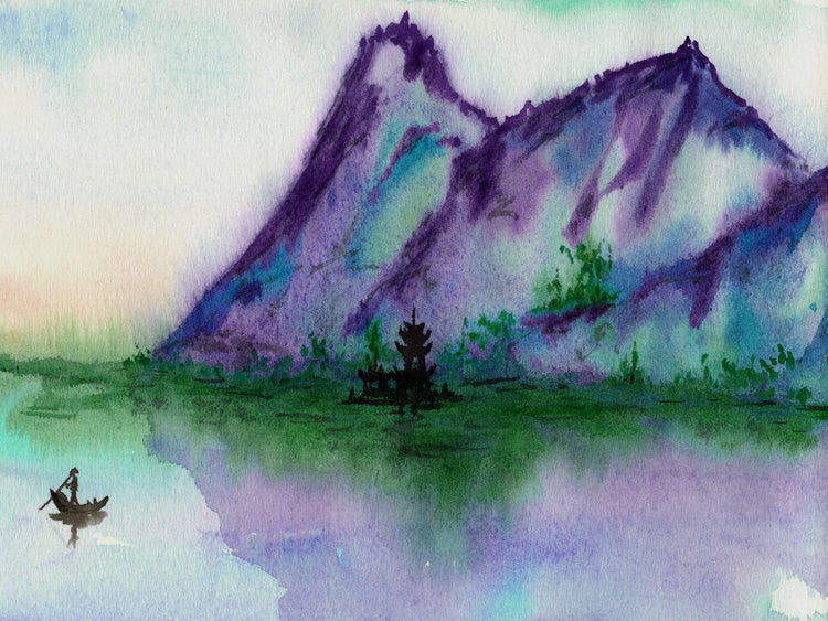 Watercolor Landscape Painting - Fishing At Dawn Seascape Art Print Brazen Design Studio Slate Gray
