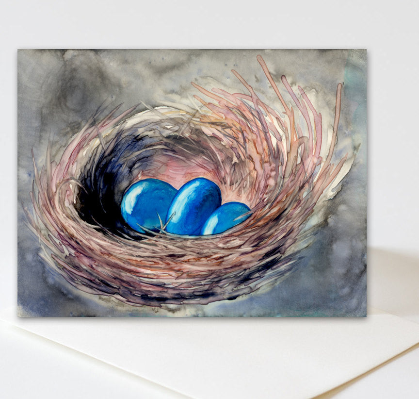 New Beginnings - Blue Robin Egg Painting - Art Card Brazen Design Studio Dark Cyan
