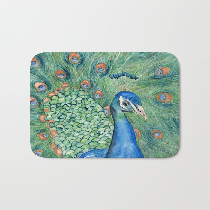 Peacock Bath Mat - Wildlife Bathroom Mats - Bird Bath Decor - Bathroom Rugs - Home Decor Brazen Design Studio Lavender