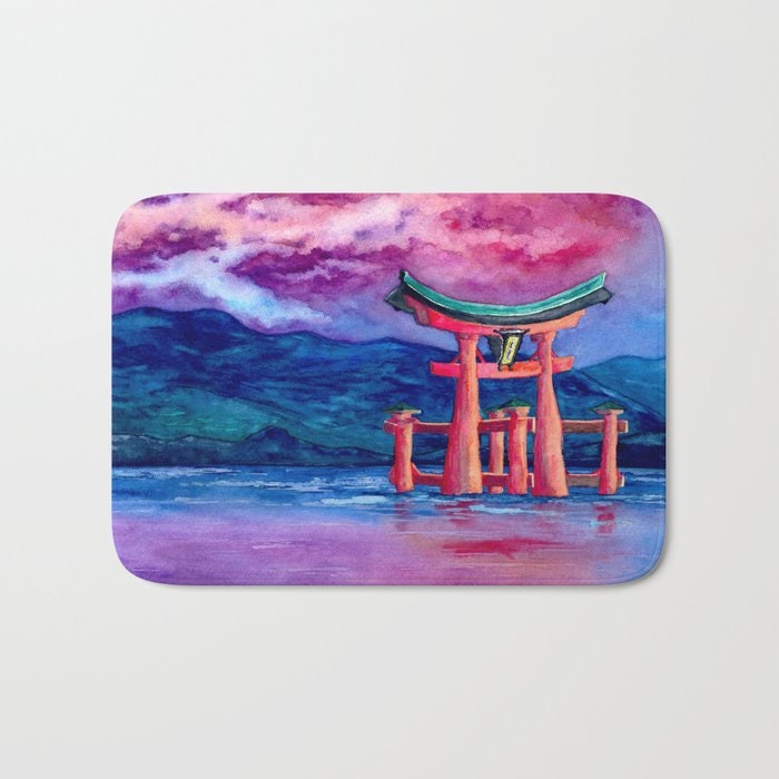 Japanese Torii Gate Bath Mat - Floral Bathroom Mats - Flower Bath Decor - Bathroom Rugs - Home Decor Brazen Design Studio Light Gray