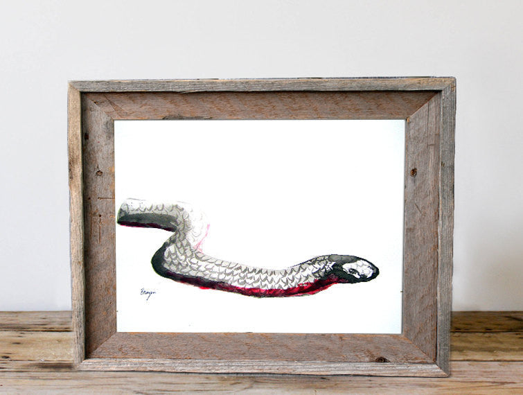 Year of the Snake Painting - Red Bellied Black Snake - Modern Minimalist Sumi-e Japanese Ink Print Brazen Design Studio White
