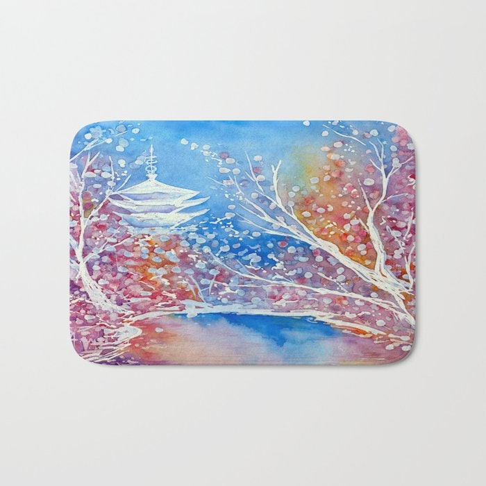 Japanese Temple Bath Mat - Floral Bathroom Mats - Flower Bath Decor - Bathroom Rugs - Home Decor Brazen Design Studio Light Gray