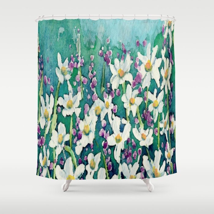 Shower Curtain Daisies Painting - Artistic Bathroom - Colorful Modern Vibrant Bathroom Decor Brazen Design Studio Beige