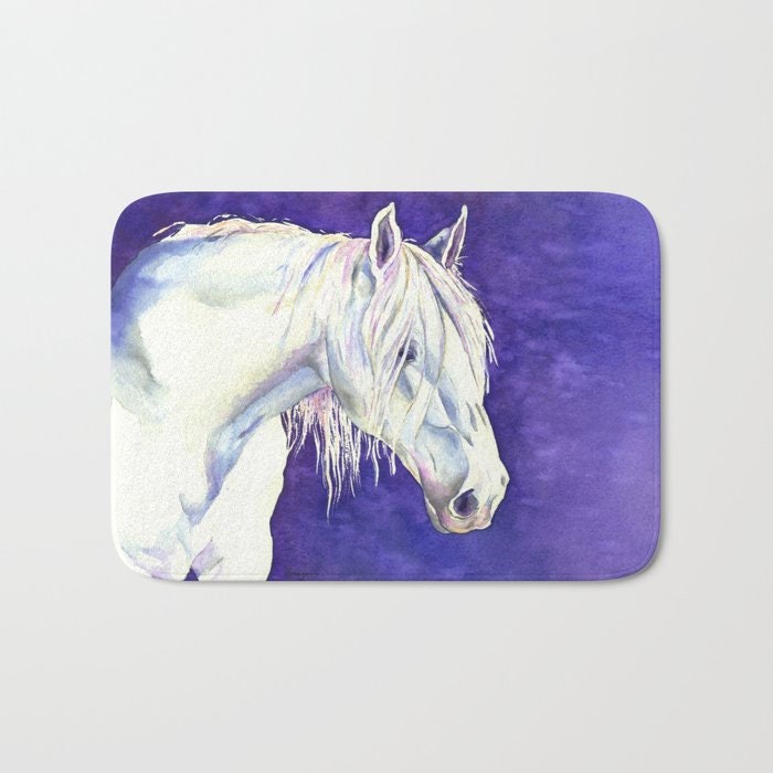 White Horse Bath Mat - Equine Nature Bathroom Mats - Bath Decor - Bathroom Rugs - Home Decor Brazen Design Studio Lavender