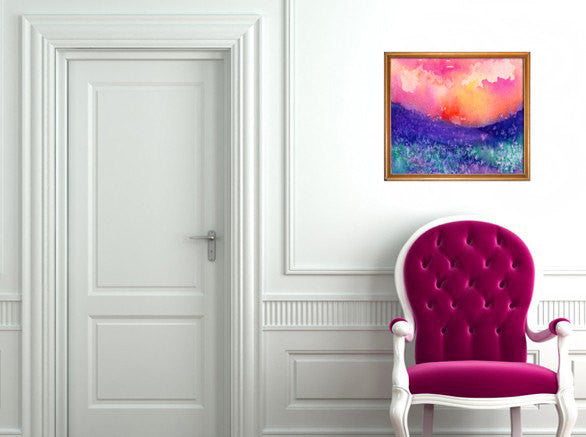 Watercolor Landscape Painting - Lupin Valley Landscape Scenic Art Print Brazen Design Studio Dark Red