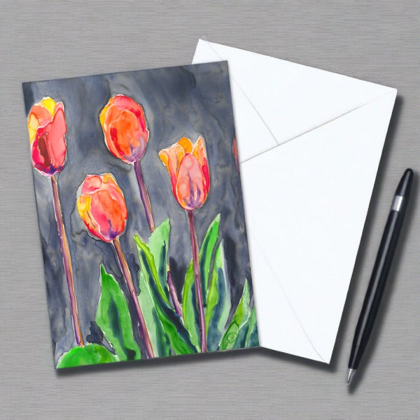 Orange Tulips Art Card - Floral Garden Watercolor Painting Brazen Design Studio Slate Gray
