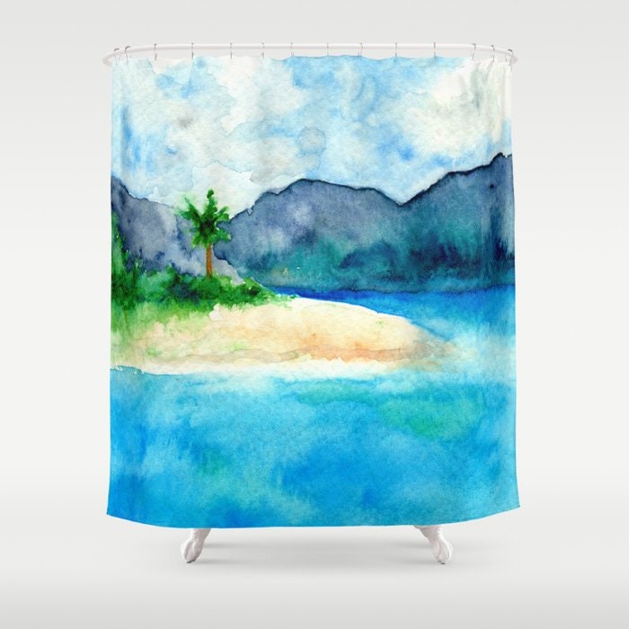 Shower Curtain Sandy Cove Painting - Artistic Bathroom - Colorful Modern Vibrant Bathroom Decor Brazen Design Studio Light Sea Green
