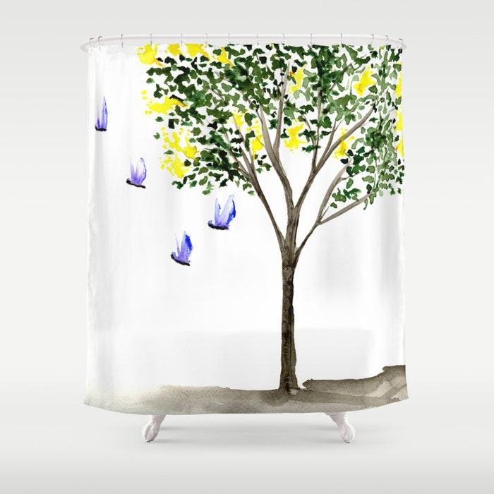 Shower Curtain Butterflies Painting - Artistic Bathroom - Colorful Modern Vibrant Bathroom Decor Brazen Design Studio Beige