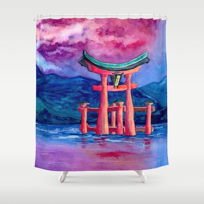 Shower Curtain Japanese Temple Gate Painting - Artistic Bathroom - Modern Vibrant Bathroom Decor - Torii Brazen Design Studio Dark Slate Blue