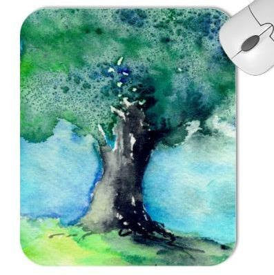 Mousepad - Green Oak Tree Landscape Watercolor Painting - Reproduction Art for Home or Office Brazen Design Studio Sky Blue