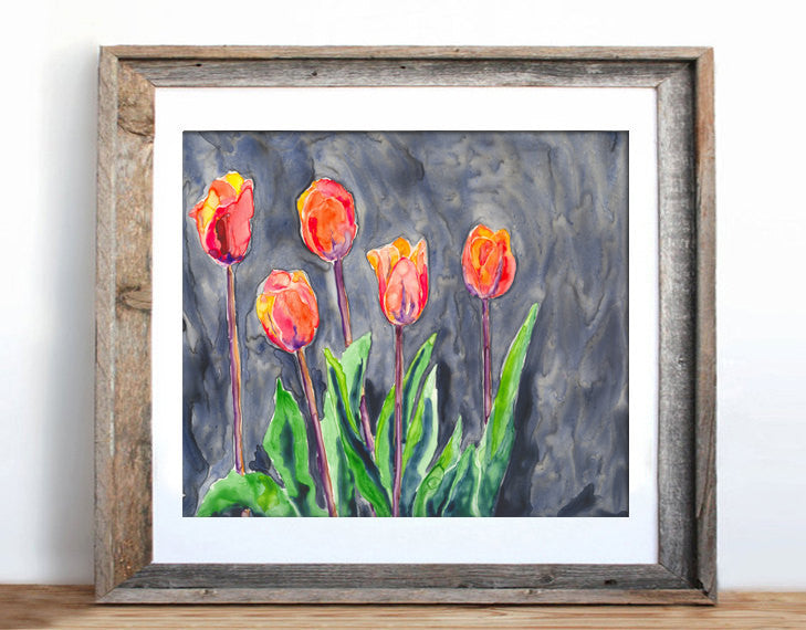 Watercolor Painting - All in a Row - Orange Tulips - Still Life Floral Art Print Brazen Design Studio Slate Gray