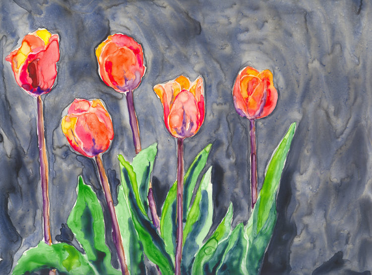 Watercolor Painting - All in a Row - Orange Tulips - Still Life Floral Art Print Brazen Design Studio Dark Sea Green