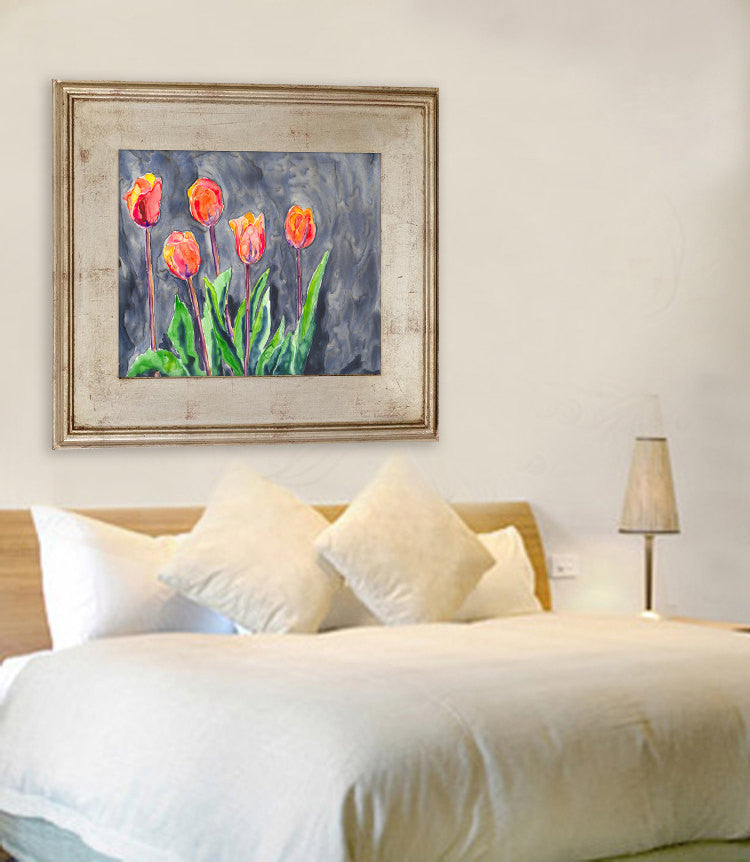 Watercolor Painting - All in a Row - Orange Tulips - Still Life Floral Art Print Brazen Design Studio Gray