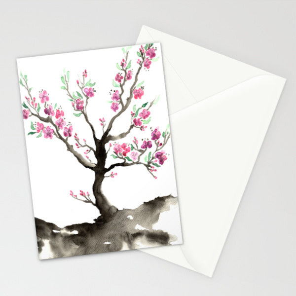 Sakura Pink Cherry Blossom Sumi-e Art Card Brazen Design Studio White Smoke