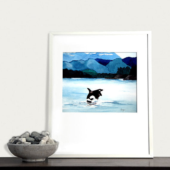 Watercolor Painting - Orca Art Print - Killer Whale Wildlife Seascape Brazen Design Studio Alice Blue