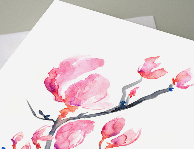 Japanese Magnolia Floral Sumi-e Painting Art Card Brazen Design Studio Light Pink