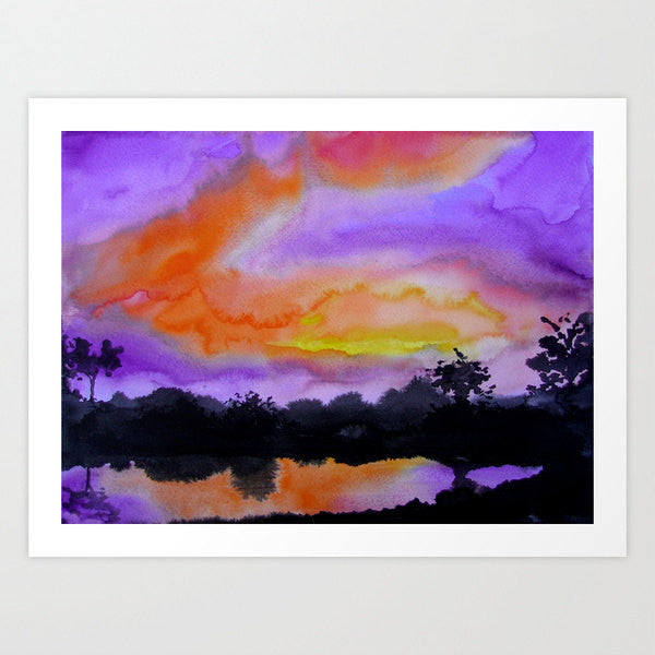 Watercolor Painting - Vibrant Sunset Dramatic Sky Sumi-e Art Print Brazen Design Studio Chocolate