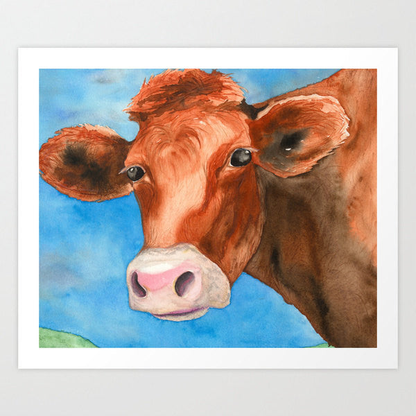 Watercolor Painting - Red Heifer Cow Bovine Country Art Print Brazen Design Studio Saddle Brown