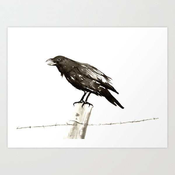 Japanese Ink Painting - Raven on a Barbed Wire Fence - Black Bird Sumi-e Art Print Brazen Design Studio Snow