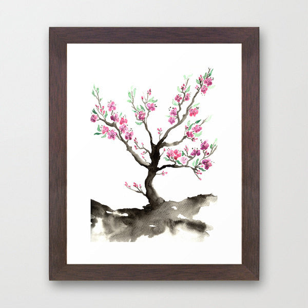 Watercolor Painting - Sakura Tree Cherry Blossom Art Nature Sumi-e Art Print Brazen Design Studio Snow