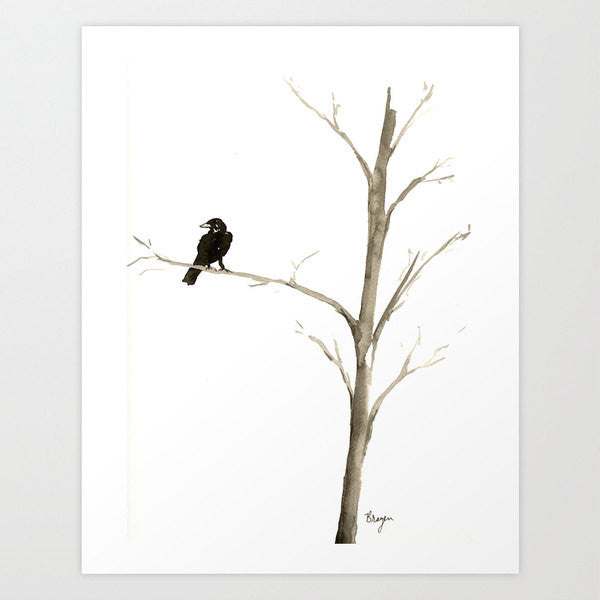 Ink Painting - Raven in a Tree - Mimimalist Art - Gothic Bird Sumi-e Art Print Brazen Design Studio Snow