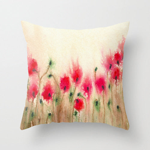 Decorative Floral Pillow Cover - Field of Poppies - Throw Pillow Cushion - Fine Art Home Decor Brazen Design Studio Firebrick