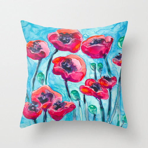 Decorative Pillow Cover - Floral Poppy Sky - Floral Throw Pillow Cushion - Fine Art Home Decor Brazen Design Studio Maroon