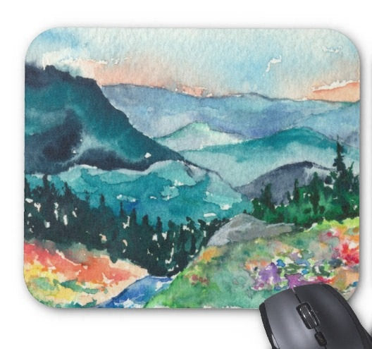 Mousepad - Valley of Dreams Landscape Watercolor Painting - Reproduction Art for Home or Office Brazen Design Studio Steel Blue