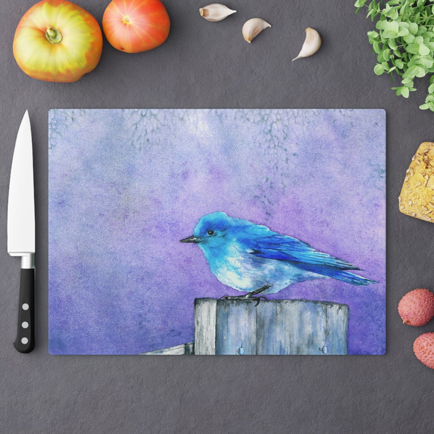 Bluebird Bliss Glass Cutting Board - Wildlife Chopping Board - Artistic Kitchen Decor
