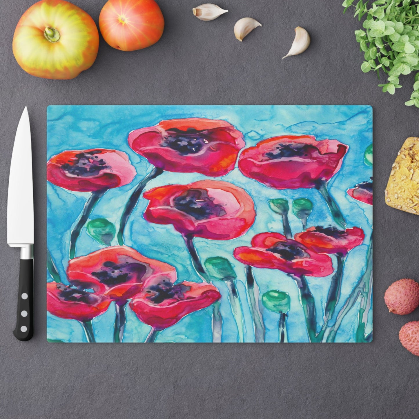 Poppy Sky Glass Cutting Board - Floral Chopping Board - Artistic Kitchen Decor