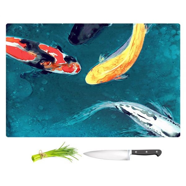 Koi Fish Glass Cutting Board - Water Ballet Chopping Board - Artistic Kitchen Decor