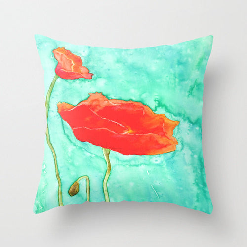 Decorative Poppy Floral Pillow Cover - Throw Pillow Cushion - Fine Art Home Decor Brazen Design Studio Tomato
