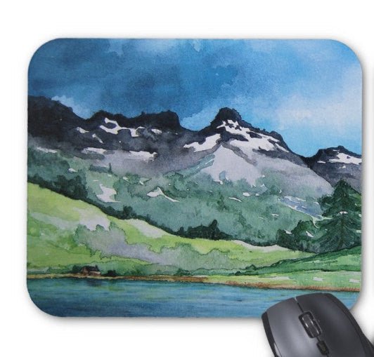 Mousepad - Mountain Landscape Watercolor Painting - Art for Home or Office Brazen Design Studio Steel Blue