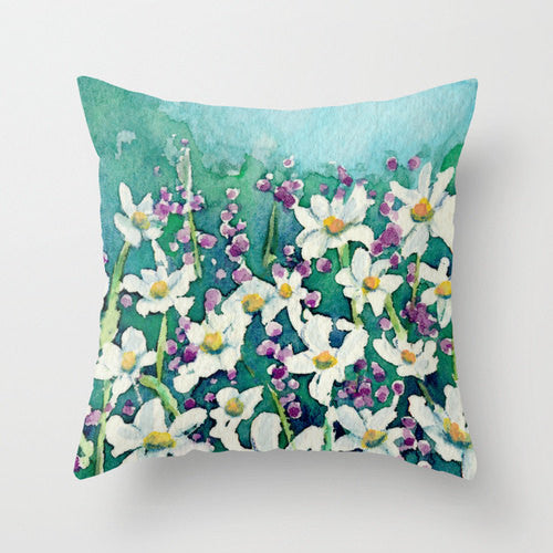 Decorative Pillow Cover - Dancing Daisies Floral Pillow Case - Throw Pillow Cushion Home Decor Brazen Design Studio Cadet Blue